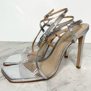 Schutz Aisha Silver Strappy Heeled Sandal 9 1/2